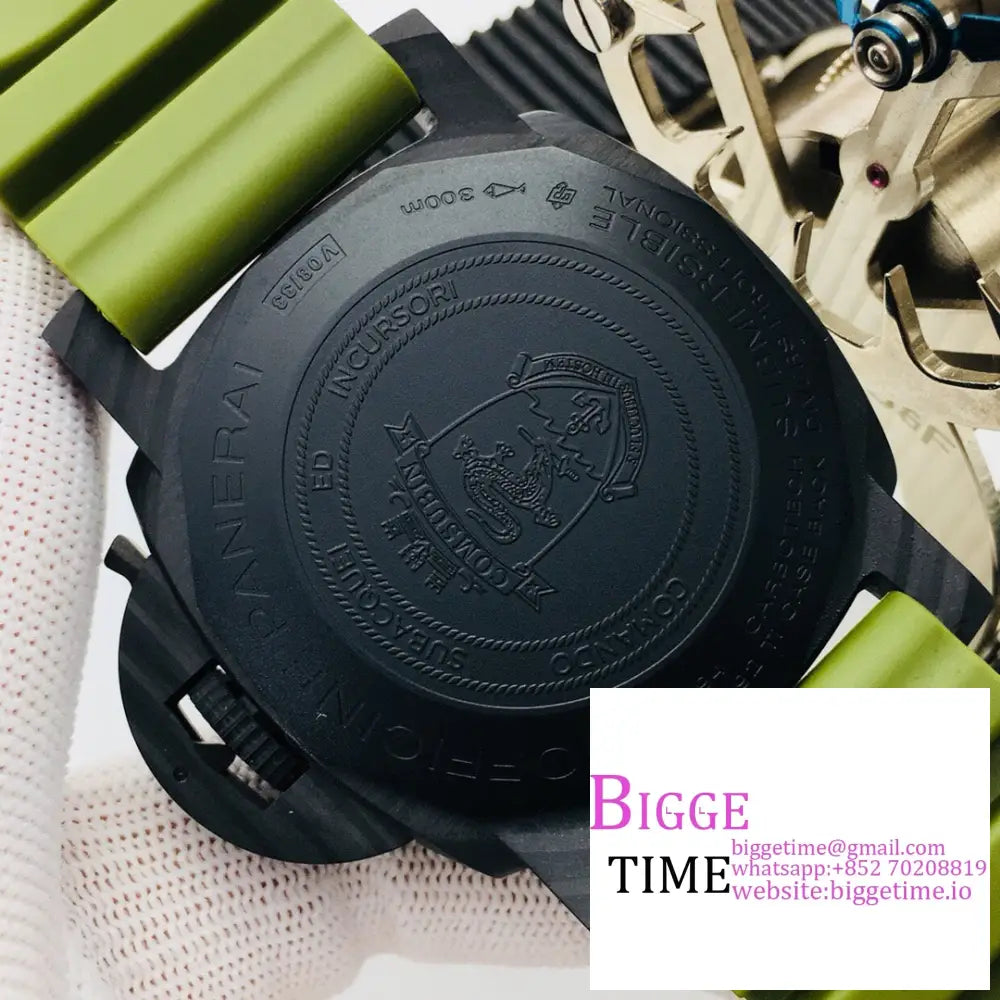 Pam961 47Mm Submersible Carbon Black Dial Green Rubber Strap Vsf P9000 Panerai