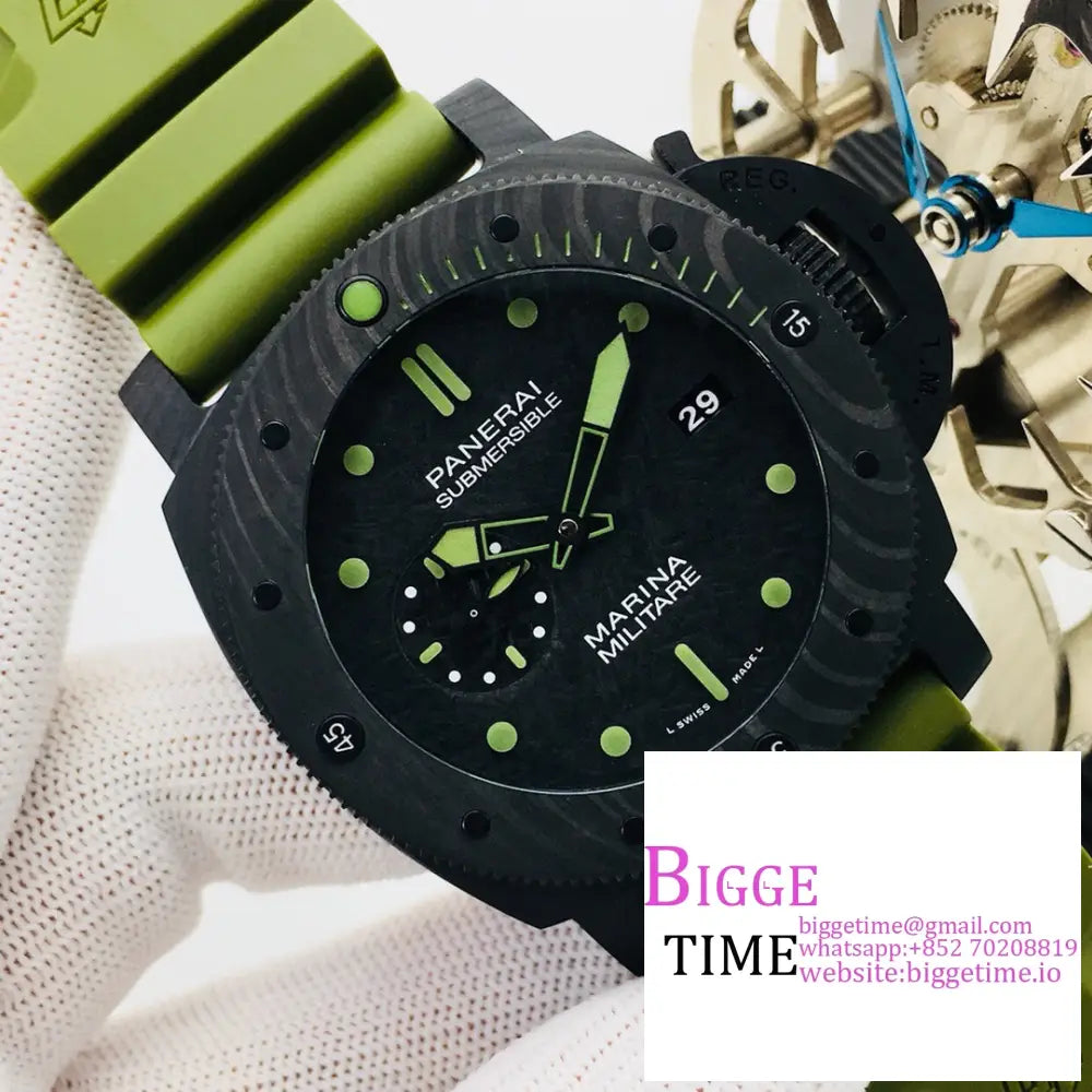 Pam961 47Mm Submersible Carbon Black Dial Green Rubber Strap Vsf P9000 Panerai