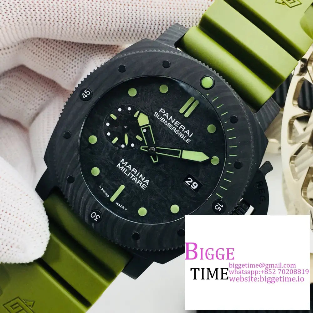 Pam961 47Mm Submersible Carbon Black Dial Green Rubber Strap Vsf P9000 Panerai