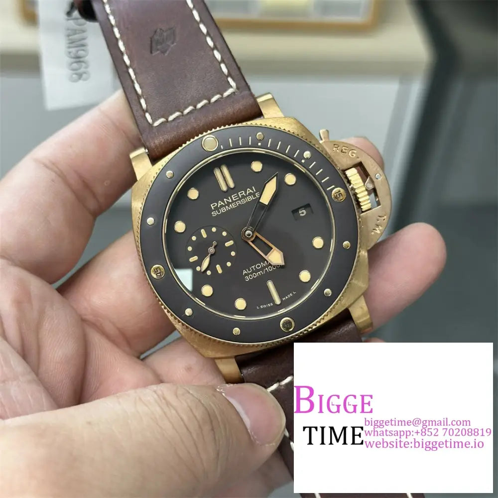 Pam968 47Mm Submersible Bronze Black Dial Brown Leather Strap Vsf P9010 Panerai