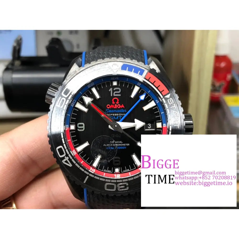 Planet Ocean 600M Gmt 45.5Mm All Ceramic Black/Blue/Red Bezel Black Dial Rubber Strap Vsf A8906