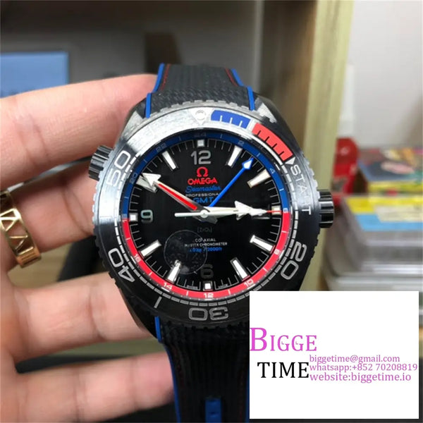 Planet Ocean 600M Gmt 45.5Mm All Ceramic Black/Blue/Red Bezel Black Dial Rubber Strap Vsf A8906