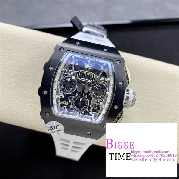 Rm011 Chrono Black Ceramic Skeleton Dial White Crown Rubber Strap Kvf A7750 Option1 Richard Mille