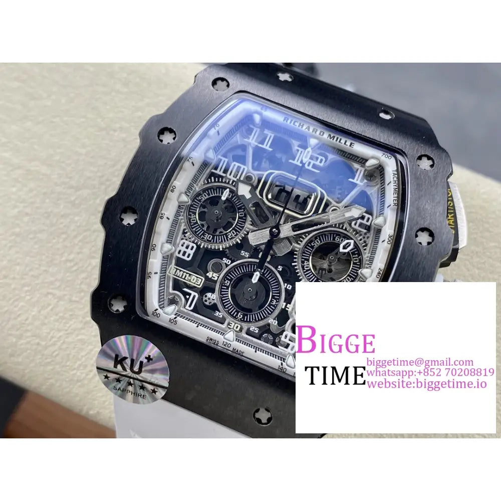 Rm011 Chrono Black Ceramic Skeleton Dial White Crown Rubber Strap Kvf A7750 Richard Mille