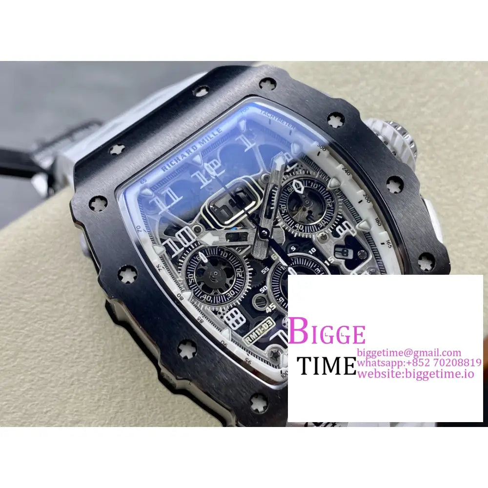 Rm011 Chrono Black Ceramic Skeleton Dial White Crown Rubber Strap Kvf A7750 Richard Mille