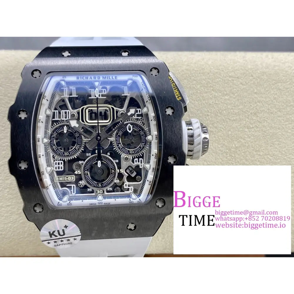 Rm011 Chrono Black Ceramic Skeleton Dial White Crown Rubber Strap Kvf A7750 Richard Mille