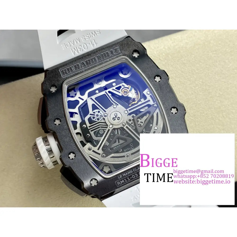 Rm011 Chrono Black Ceramic Skeleton Dial White Crown Rubber Strap Kvf A7750 Richard Mille