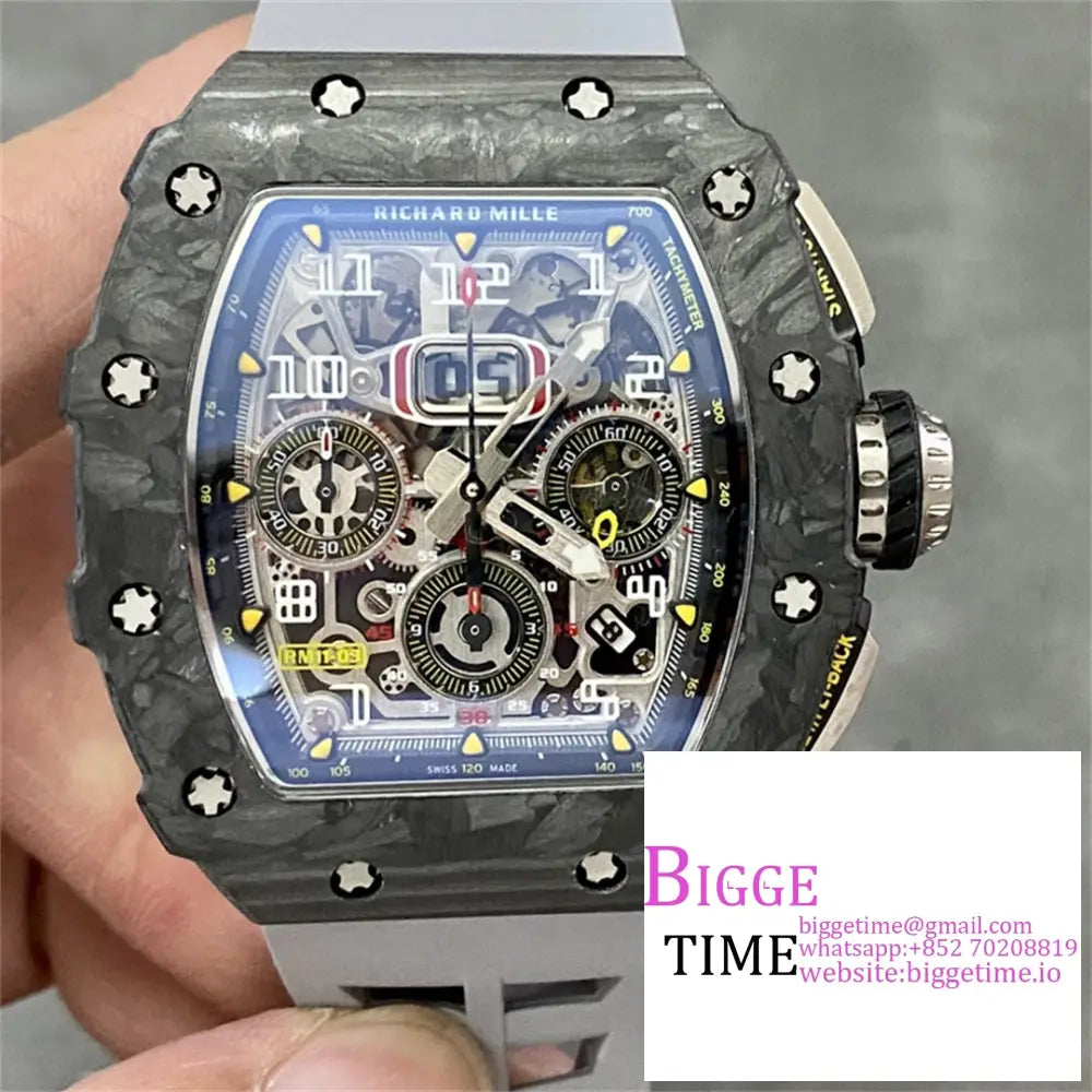 Rm011 Chrono Ntpt Skeleton Dial Black Crown Grey Rubber Strap Kvf A7750 Option1 Richard Mille