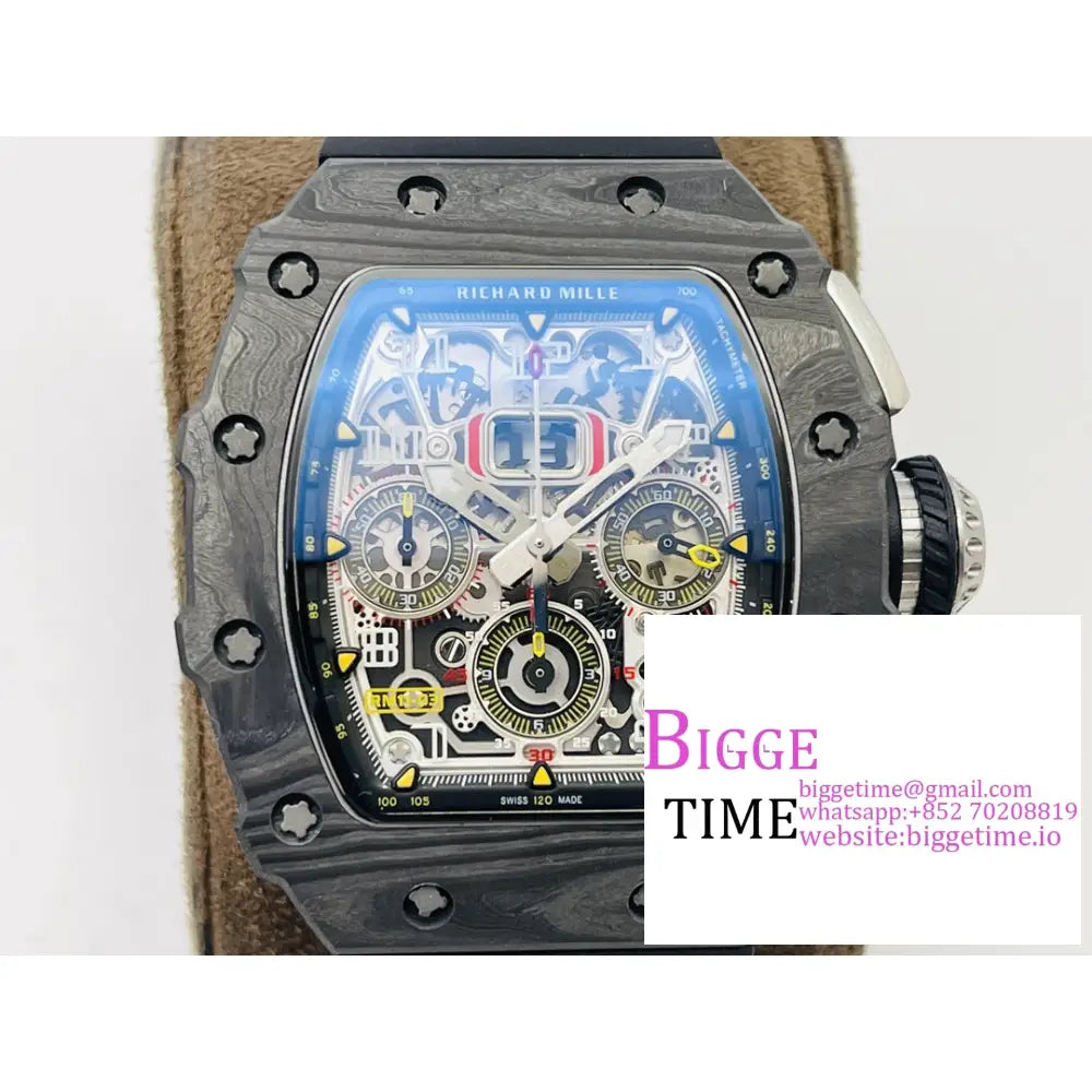 Rm011 Chrono Ntpt Skeleton Dial Black Crown Rubber Strap Kvf A7750 Richard Mille