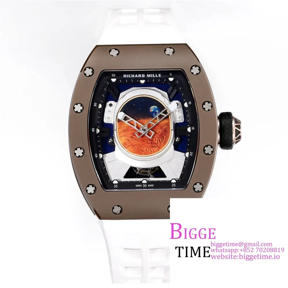 Rm052 Tourbillon Brown Titanium Skeleton Dial White Rubber Strap Ysf Tourb Option1 Richard Mille