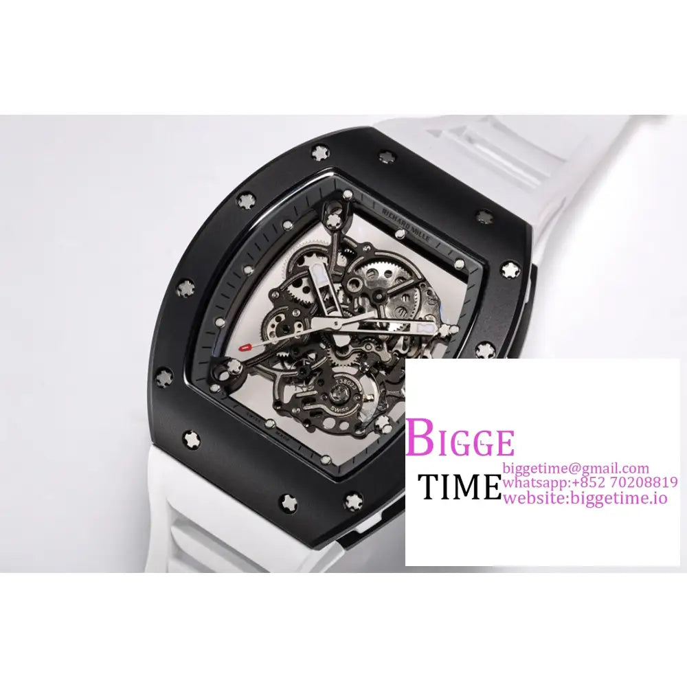 Rm055 Black Ceramic Skeleton Dial Crown White Rubber Strap Bbrf Rmul2 Richard Mille