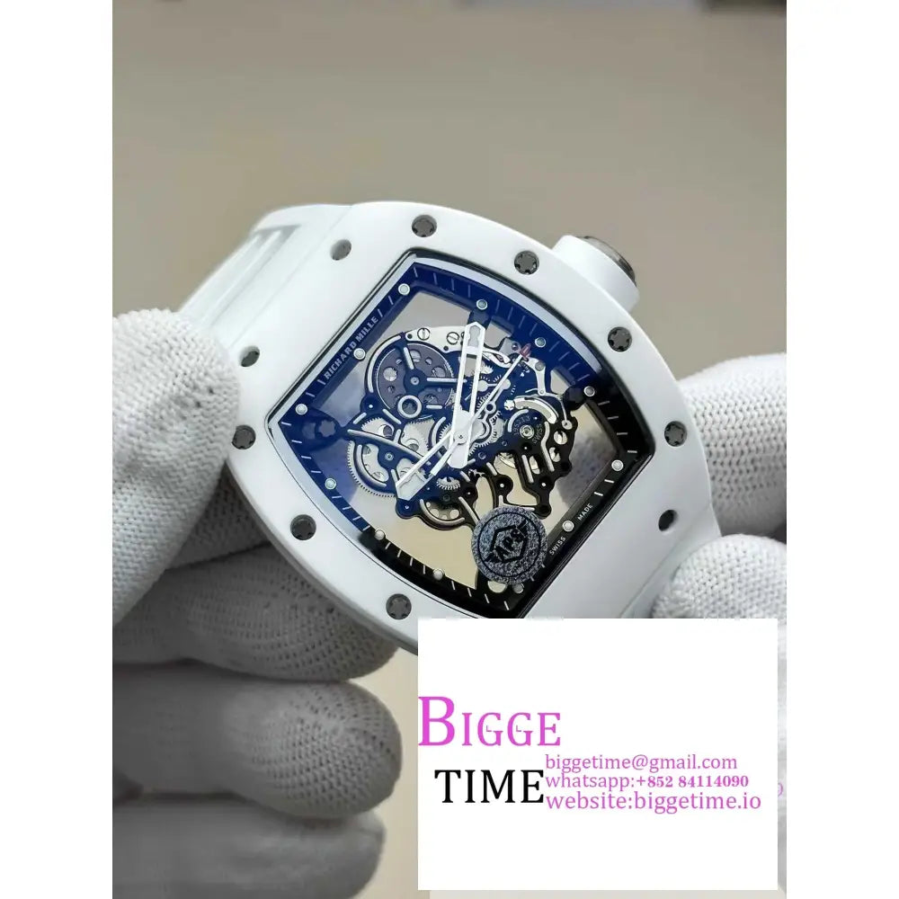 RM055 White Ceramic APSF 1:1 Best Edition Skeleton Dial on White Rubber Strap RMUL2 Richard Mille