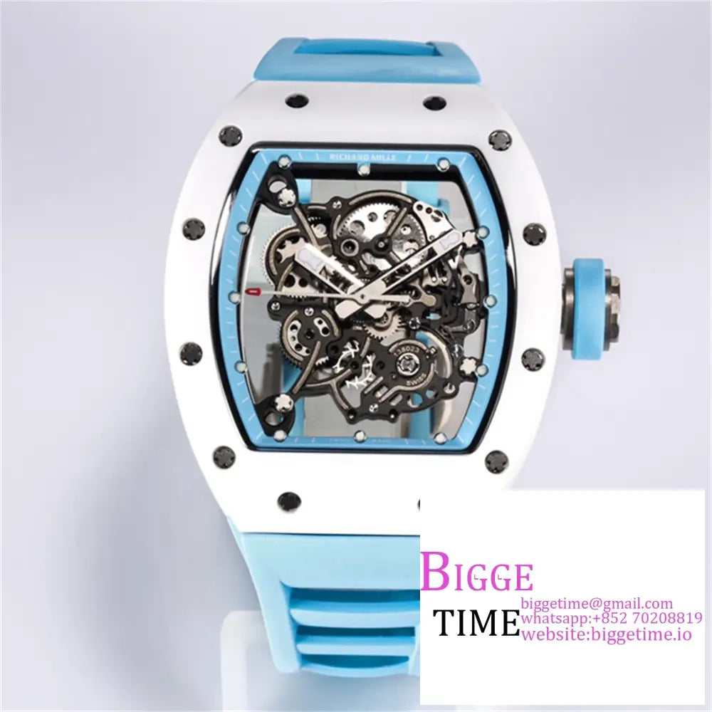 Rm055 White Ceramic Skeleton Dial Blue Crown Rubber Strap Bbrf Rmul2 Option1 Richard Mille