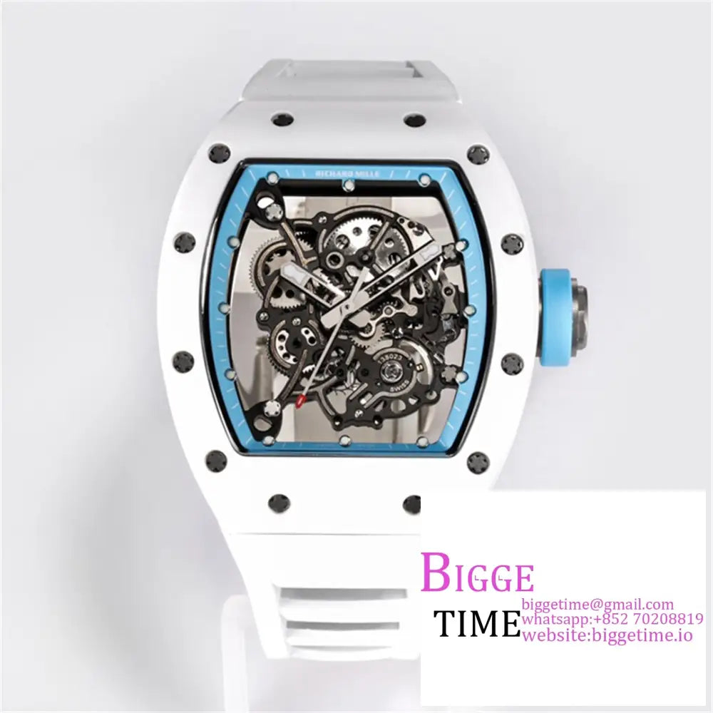 Rm055 White Ceramic Skeleton Dial Blue Crown Rubber Strap Bbrf Rmul2 Option1 Richard Mille