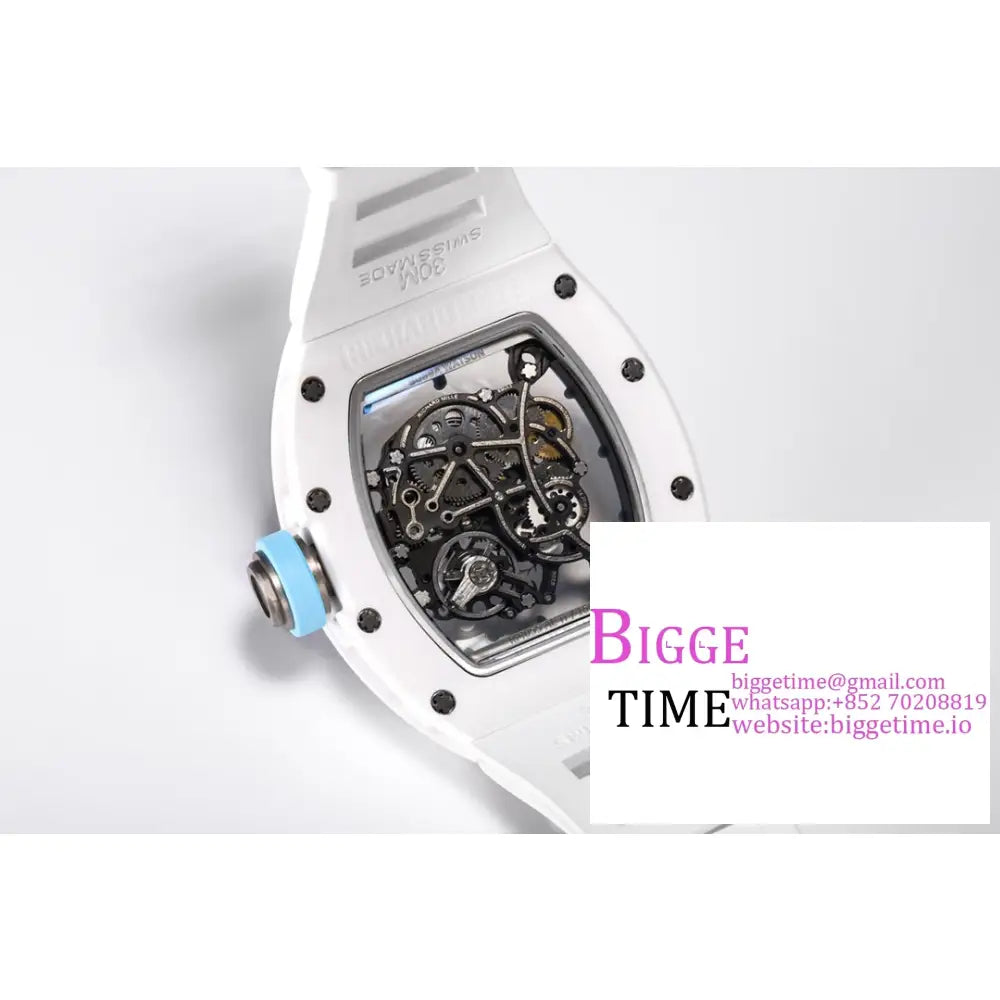 Rm055 White Ceramic Skeleton Dial Blue Crown Rubber Strap Bbrf Rmul2 Richard Mille