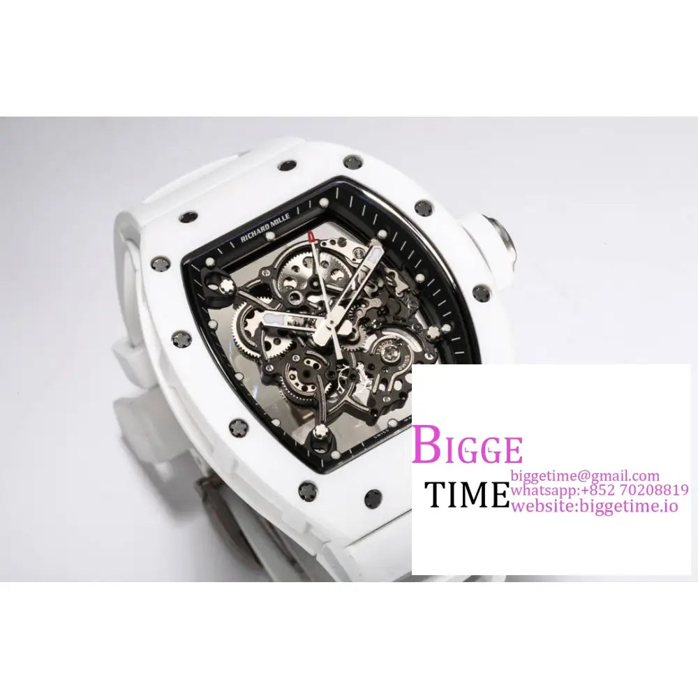 Rm055 White Ceramic Skeleton Dial Crown Rubber Strap Bbrf Rmul2 Richard Mille