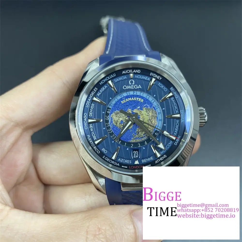 Seamaster 43Mm Aqua Terra 150M Worldtimer Blue Dial Rubber Strap Vsf A8938 Option1 Omega