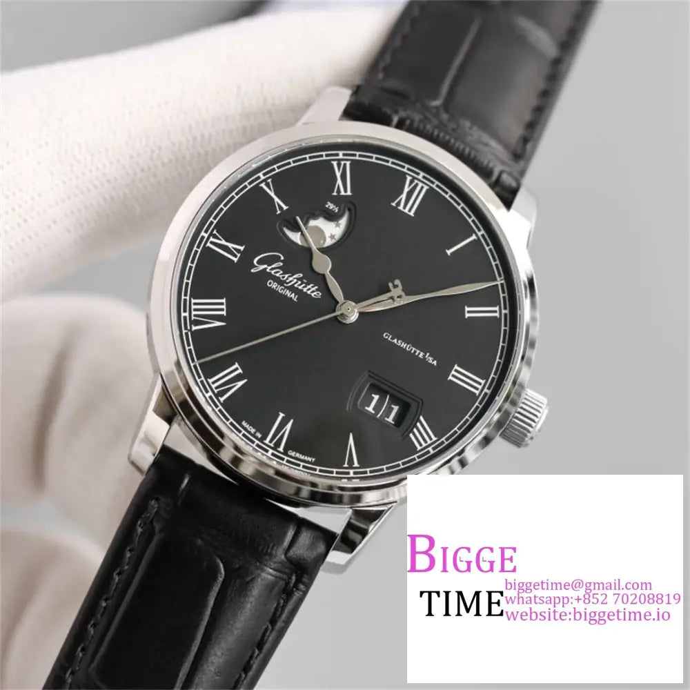 Senator Date Moon Phase 40Mm Black Dial Leather Strap V9F Nh35 Glashutte