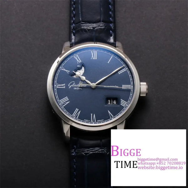 Senator Date Moon Phase 40Mm Blue Dial Black Leather Strap V9F Nh35 Option1 Glashutte