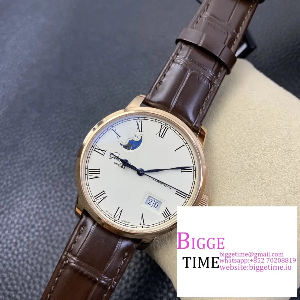 Senator Date Moon Phase 40Mm Rg White Dial Brown Leather Strap V9F Nh35 Glashutte