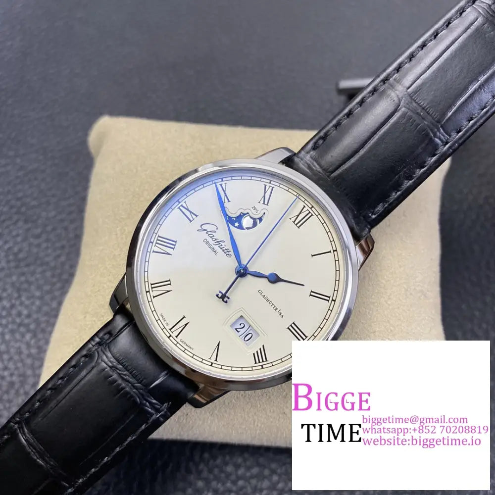 Senator Date Moon Phase 40Mm White Dial Black Leather Strap V9F Nh35 Glashutte