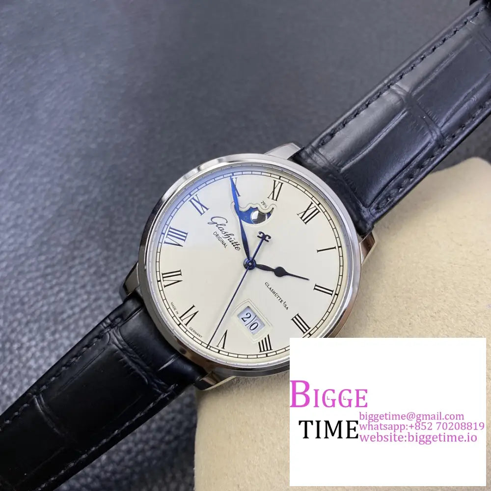 Senator Date Moon Phase 40Mm White Dial Black Leather Strap V9F Nh35 Glashutte