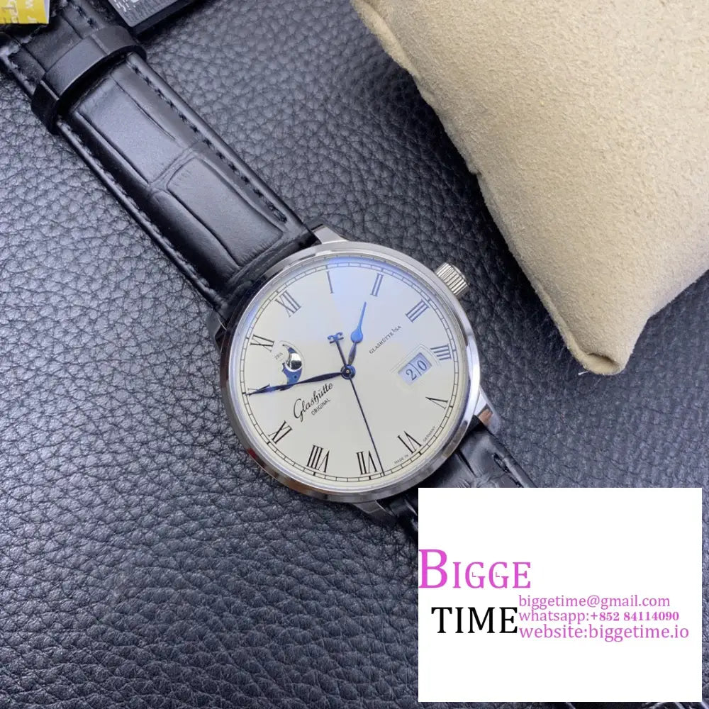 Senator Date Moon Phase 40Mm White Dial Black Leather Strap V9F Nh35 Glashutte