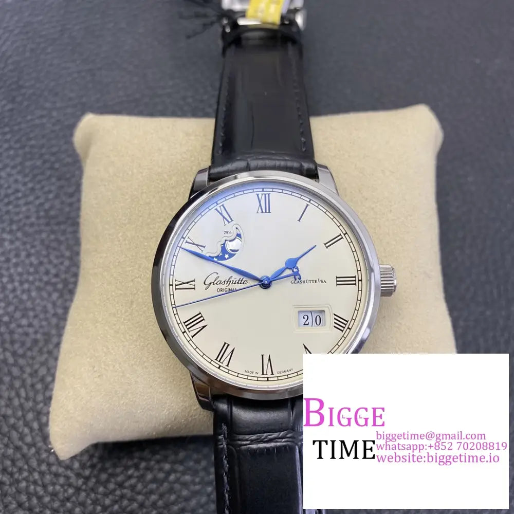 Senator Date Moon Phase 40Mm White Dial Black Leather Strap V9F Nh35 Option1 Glashutte