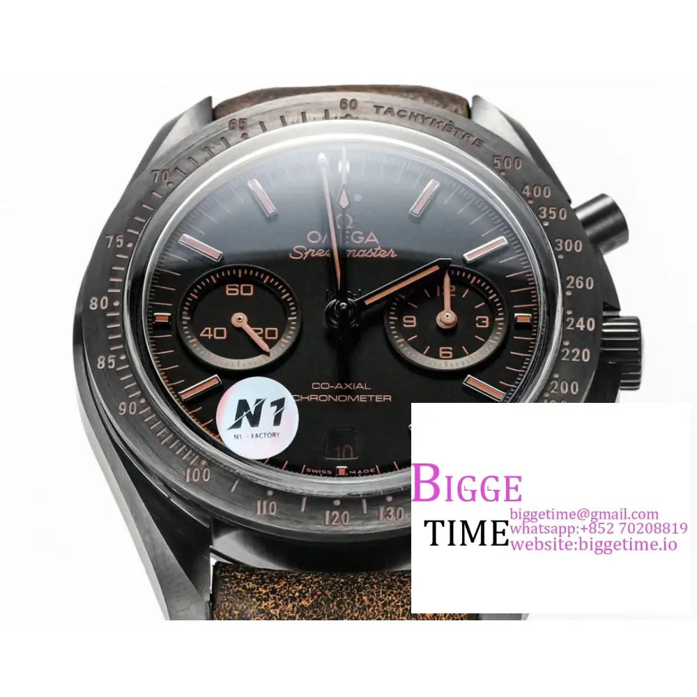 Speedmaster 44Mm “Dark Side Of The Moon” Real Ceramic Black Dial Brown Leather Strap N1F A7750 Omega