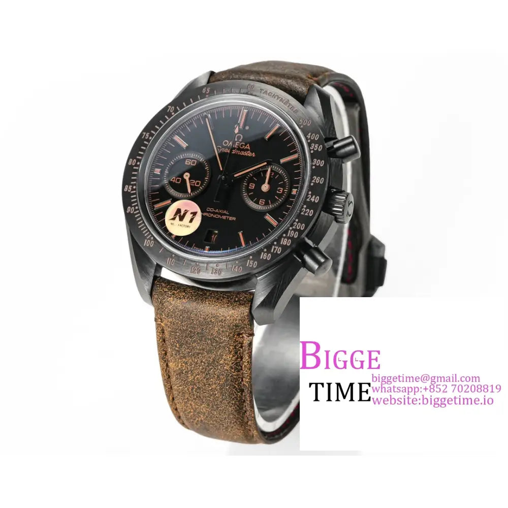 Speedmaster 44Mm “Dark Side Of The Moon” Real Ceramic Black Dial Brown Leather Strap N1F A7750 Omega