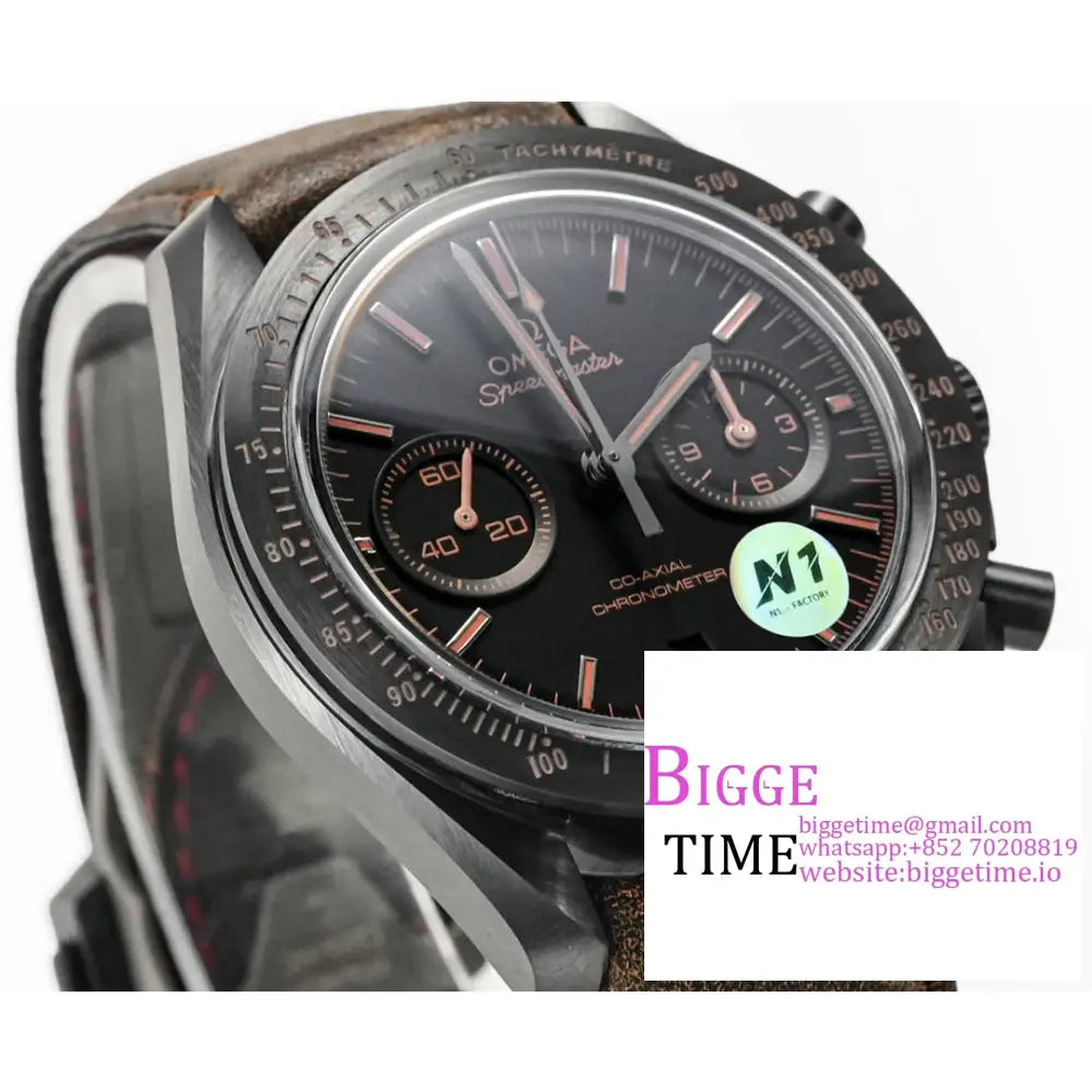 Speedmaster 44Mm “Dark Side Of The Moon” Real Ceramic Black Dial Brown Leather Strap N1F A7750 Omega