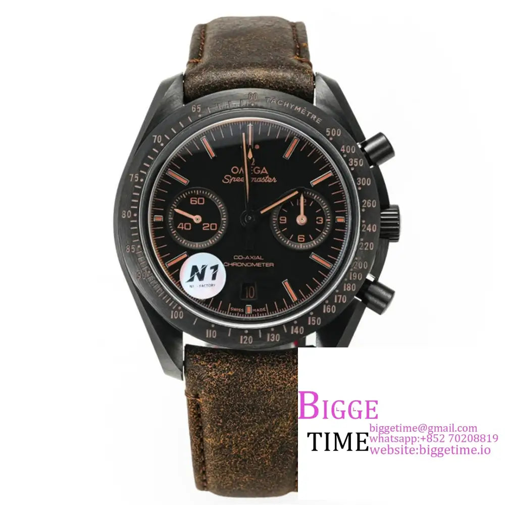 Speedmaster 44Mm “Dark Side Of The Moon” Real Ceramic Black Dial Brown Leather Strap N1F A7750 Omega