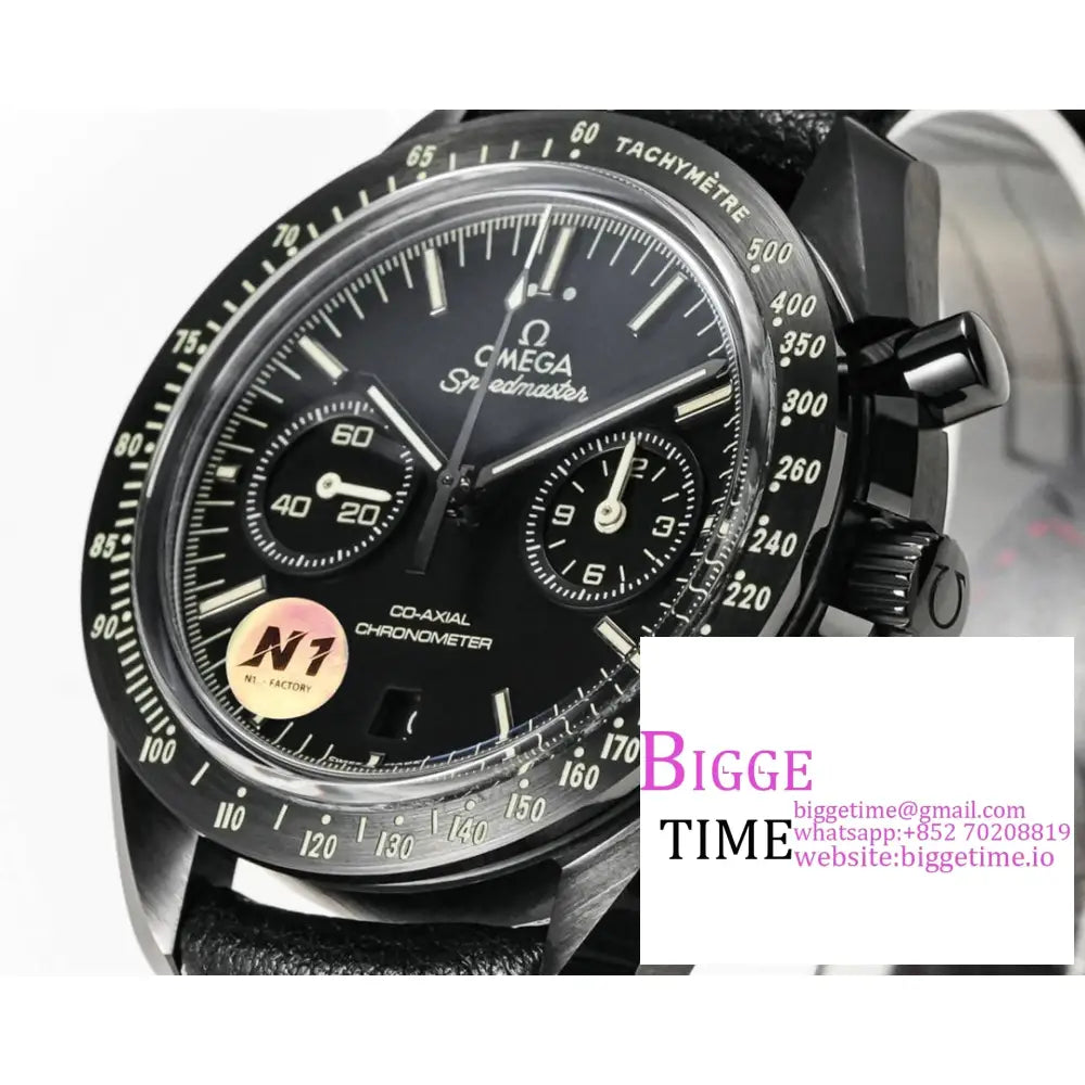 Speedmaster 44Mm “Dark Side Of The Moon” Real Ceramic Black Dial Leather Strap N1F A7750 Omega