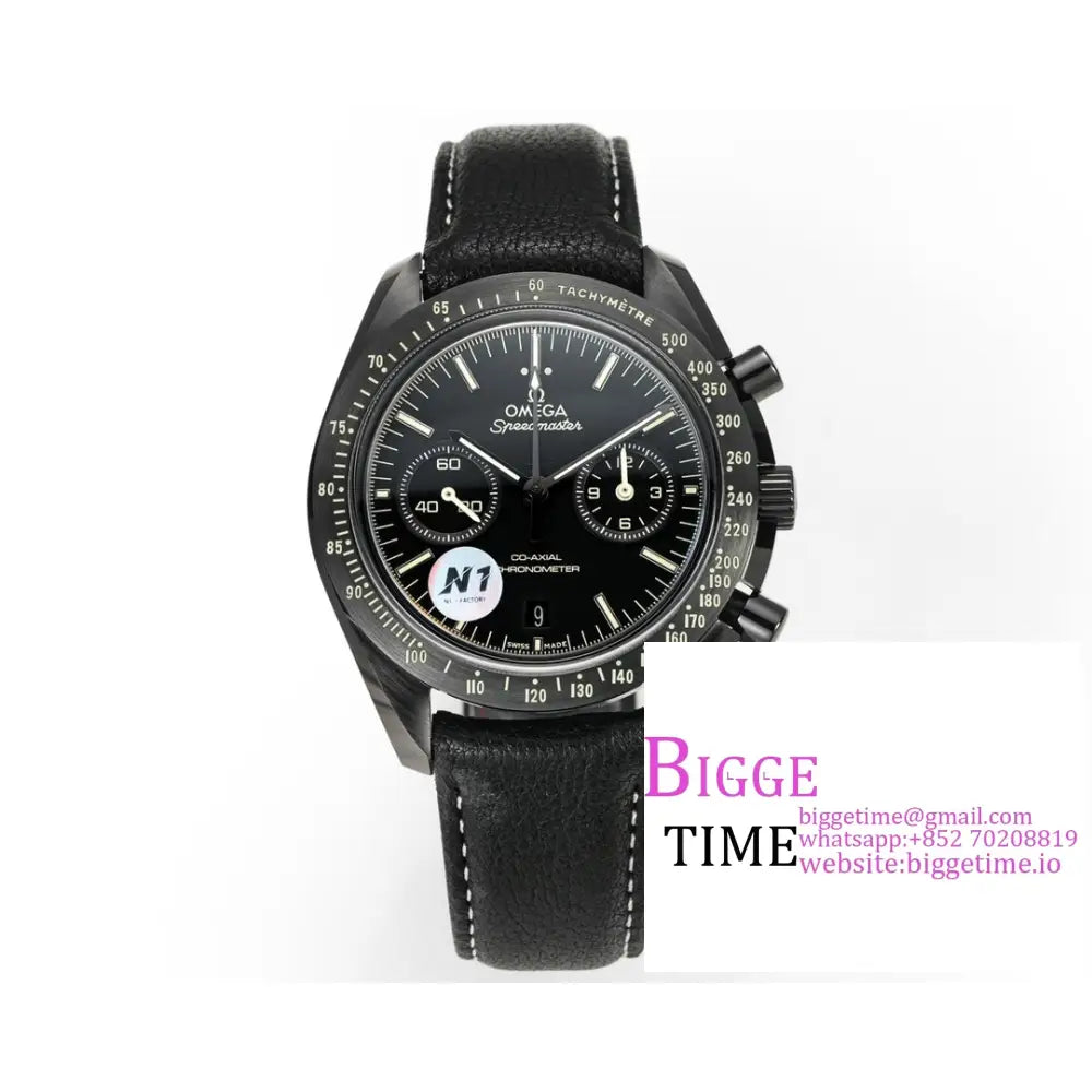 Speedmaster 44Mm “Dark Side Of The Moon” Real Ceramic Black Dial Leather Strap N1F A7750 Omega