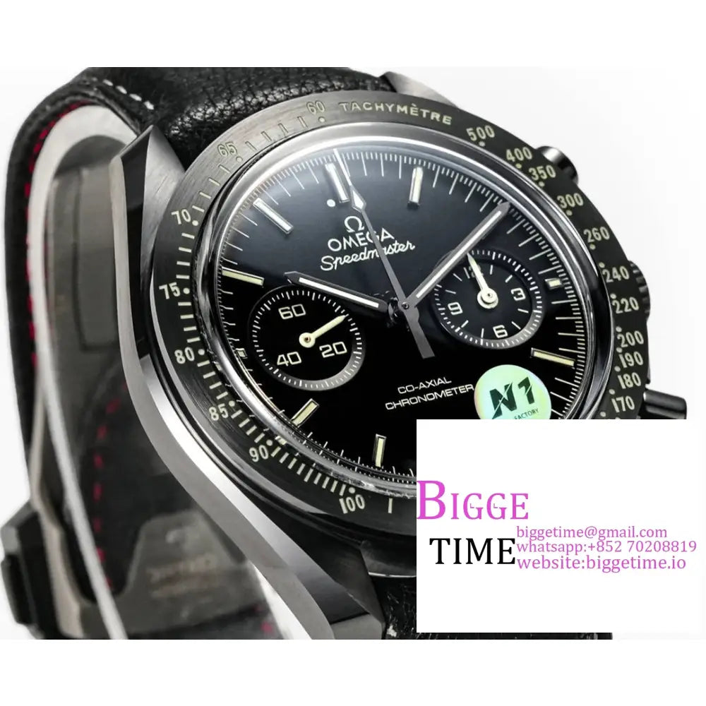 Speedmaster 44Mm “Dark Side Of The Moon” Real Ceramic Black Dial Leather Strap N1F A7750 Omega