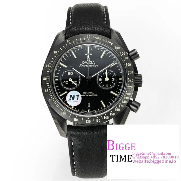 Speedmaster 44Mm “Dark Side Of The Moon” Real Ceramic Black Dial Leather Strap N1F A7750