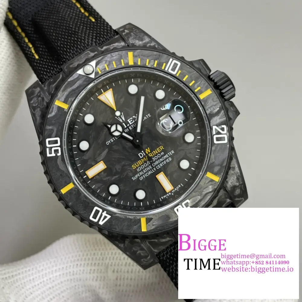 Diw Submariner 40Mm Forged Carbon Yellow Element Black Dial Nylon Strap Vsf Vs3135 Rolex