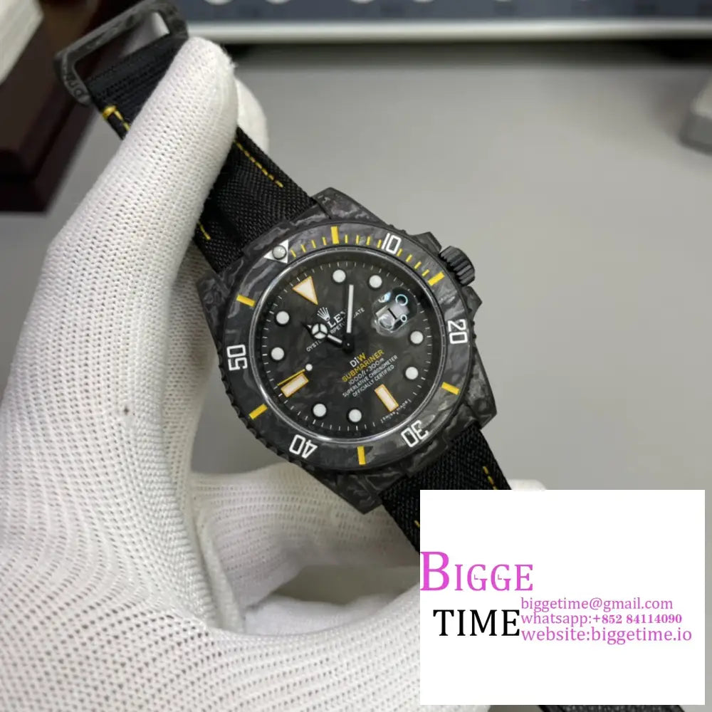 Diw Submariner 40Mm Forged Carbon Yellow Element Black Dial Nylon Strap Vsf Vs3135 Rolex