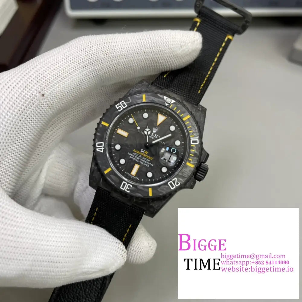 Diw Submariner 40Mm Forged Carbon Yellow Element Black Dial Nylon Strap Vsf Vs3135 Rolex