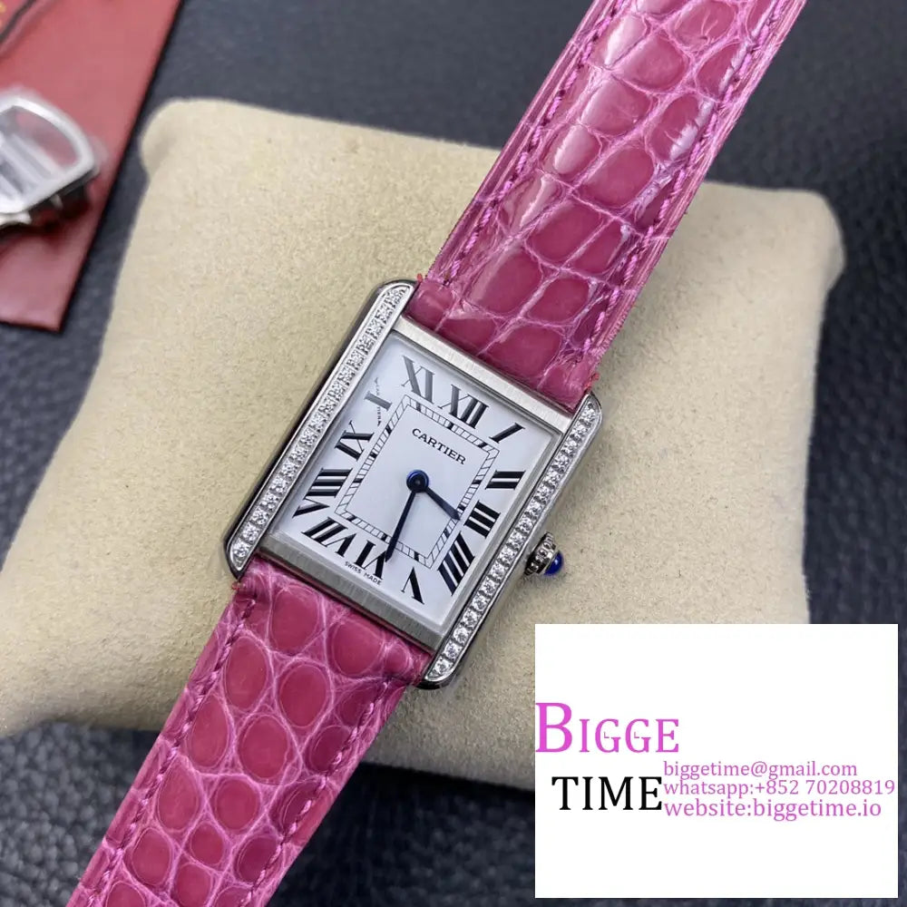 Tank 24Mm Diamond Bezel White Dial Pink Leather Strap K11F Swiss Quartz Cartier