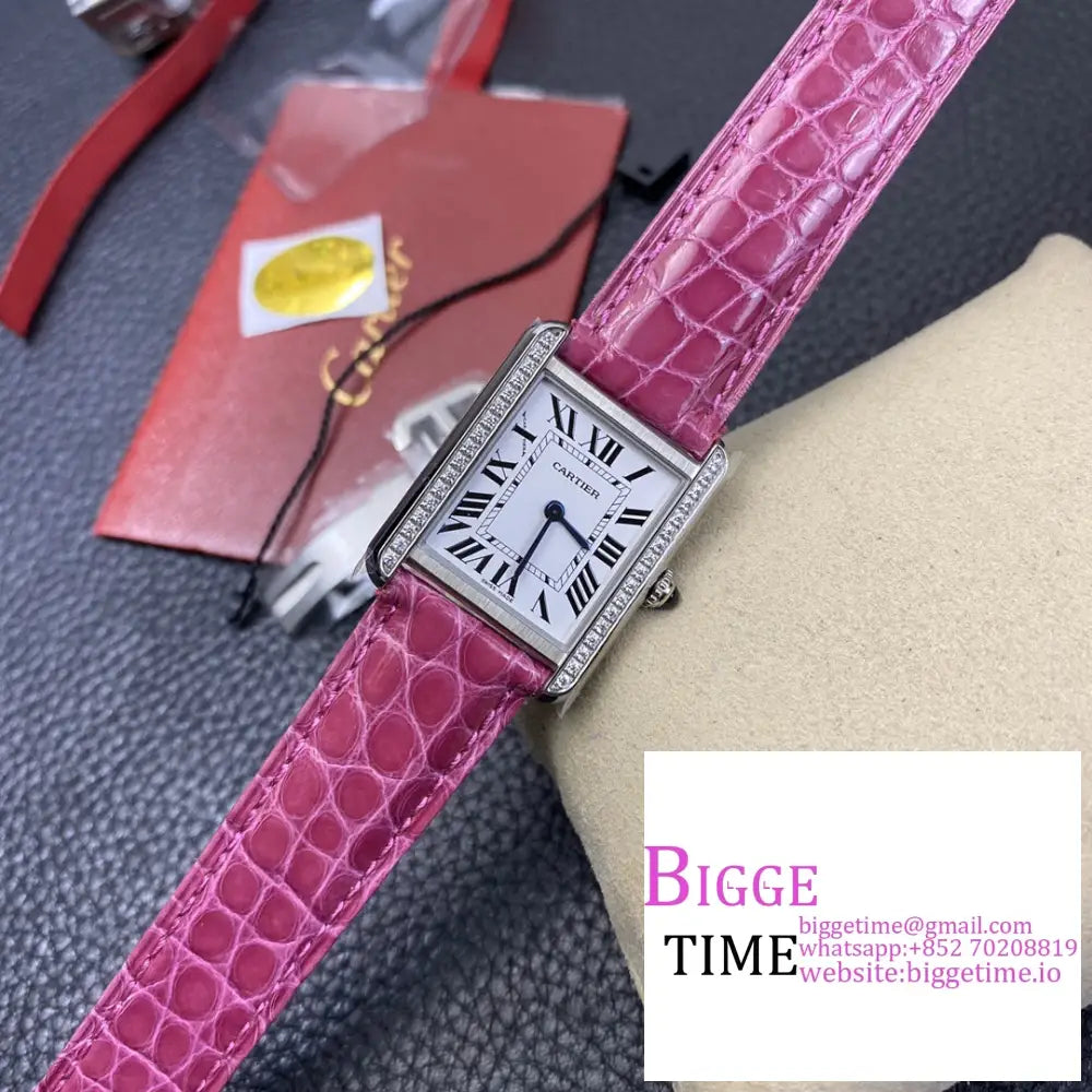 Tank 24Mm Diamond Bezel White Dial Pink Leather Strap K11F Swiss Quartz Cartier