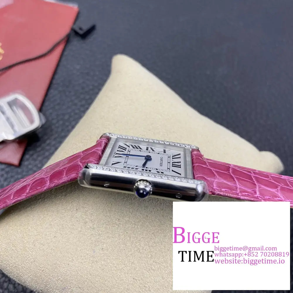 Tank 24Mm Diamond Bezel White Dial Pink Leather Strap K11F Swiss Quartz Cartier