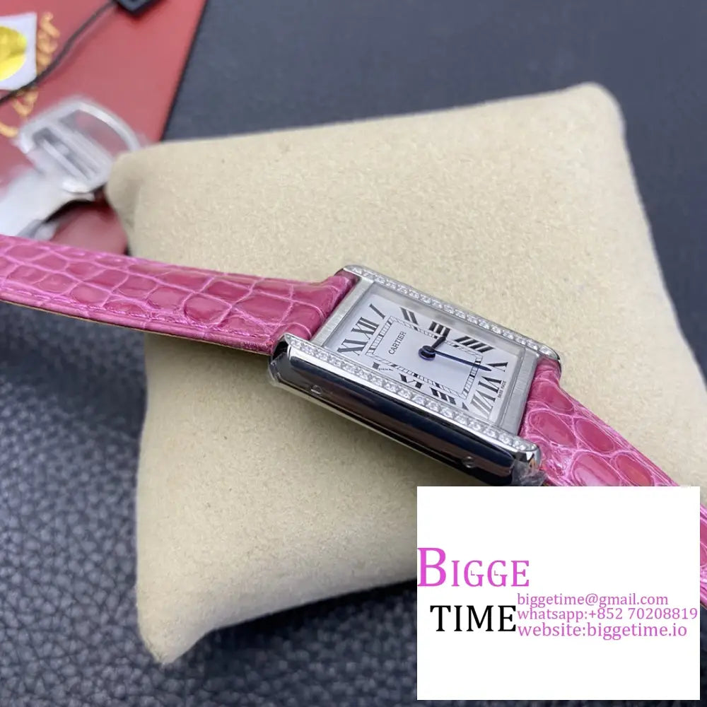 Tank 24Mm Diamond Bezel White Dial Pink Leather Strap K11F Swiss Quartz Cartier