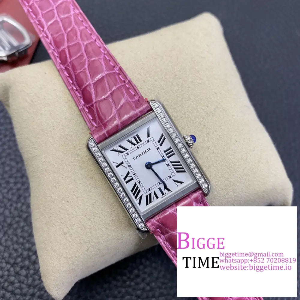 Tank 24Mm Diamond Bezel White Dial Pink Leather Strap K11F Swiss Quartz Cartier