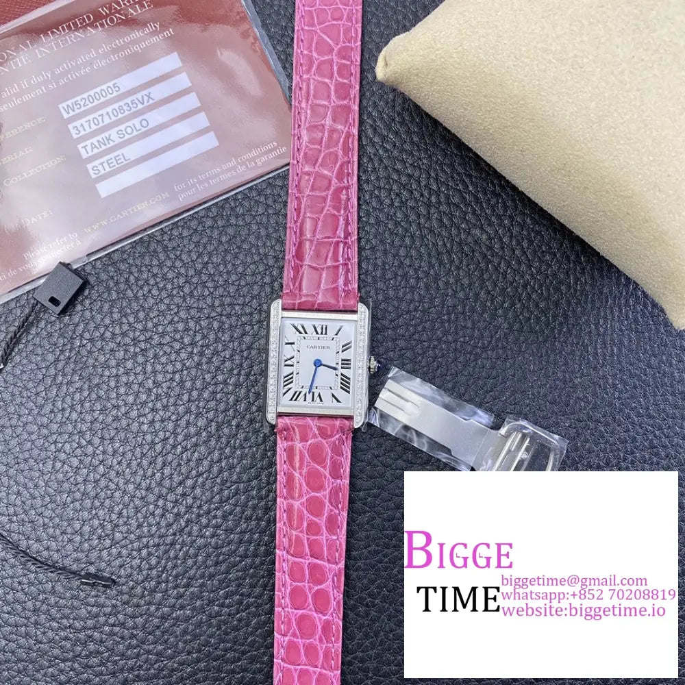 Tank 24Mm Diamond Bezel White Dial Pink Leather Strap K11F Swiss Quartz Cartier