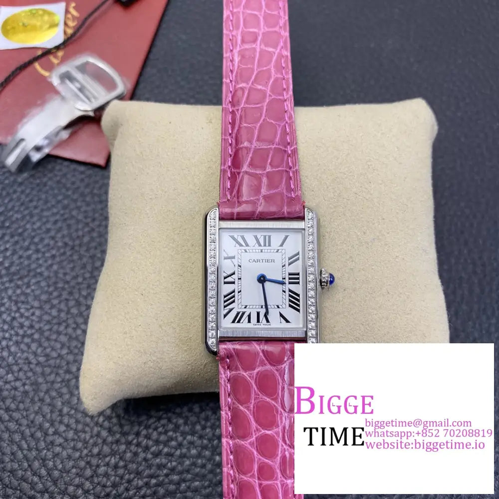 Tank 24Mm Diamond Bezel White Dial Pink Leather Strap K11F Swiss Quartz Option1 Cartier