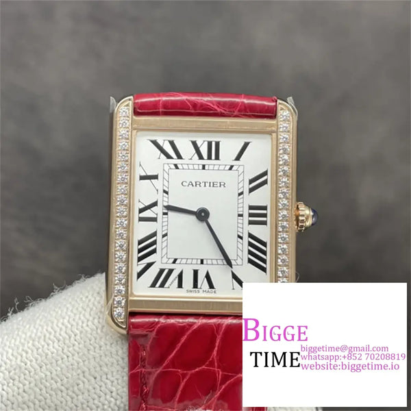 Tank 24Mm Yg Diamond Bezel White Dial Red Leather Strap K11F Swiss Quartz Option1 Cartier