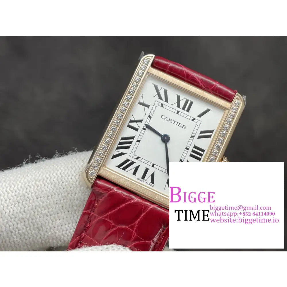 Tank 24Mm Yg Diamond Bezel White Dial Red Leather Strap K11F Swiss Quartz Cartier