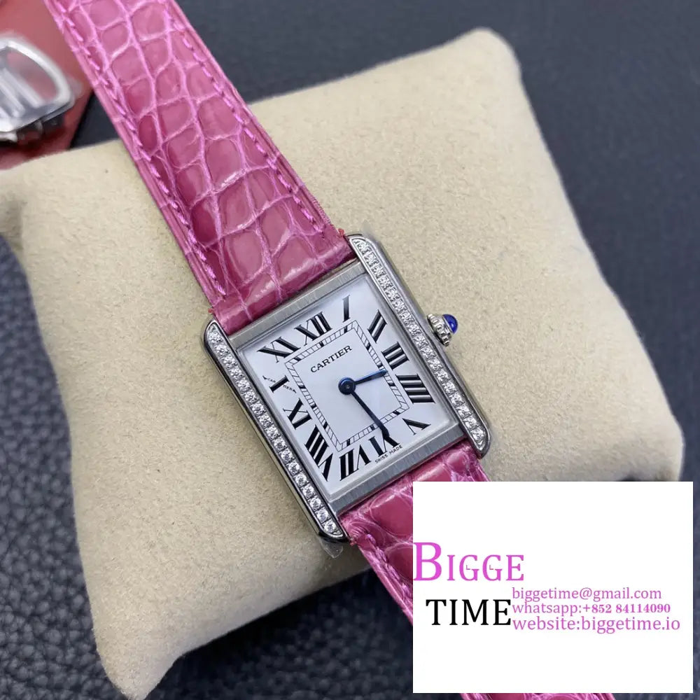 Tank 24Mm Diamond Bezel White Dial Pink Leather Strap K11F Swiss Quartz Cartier