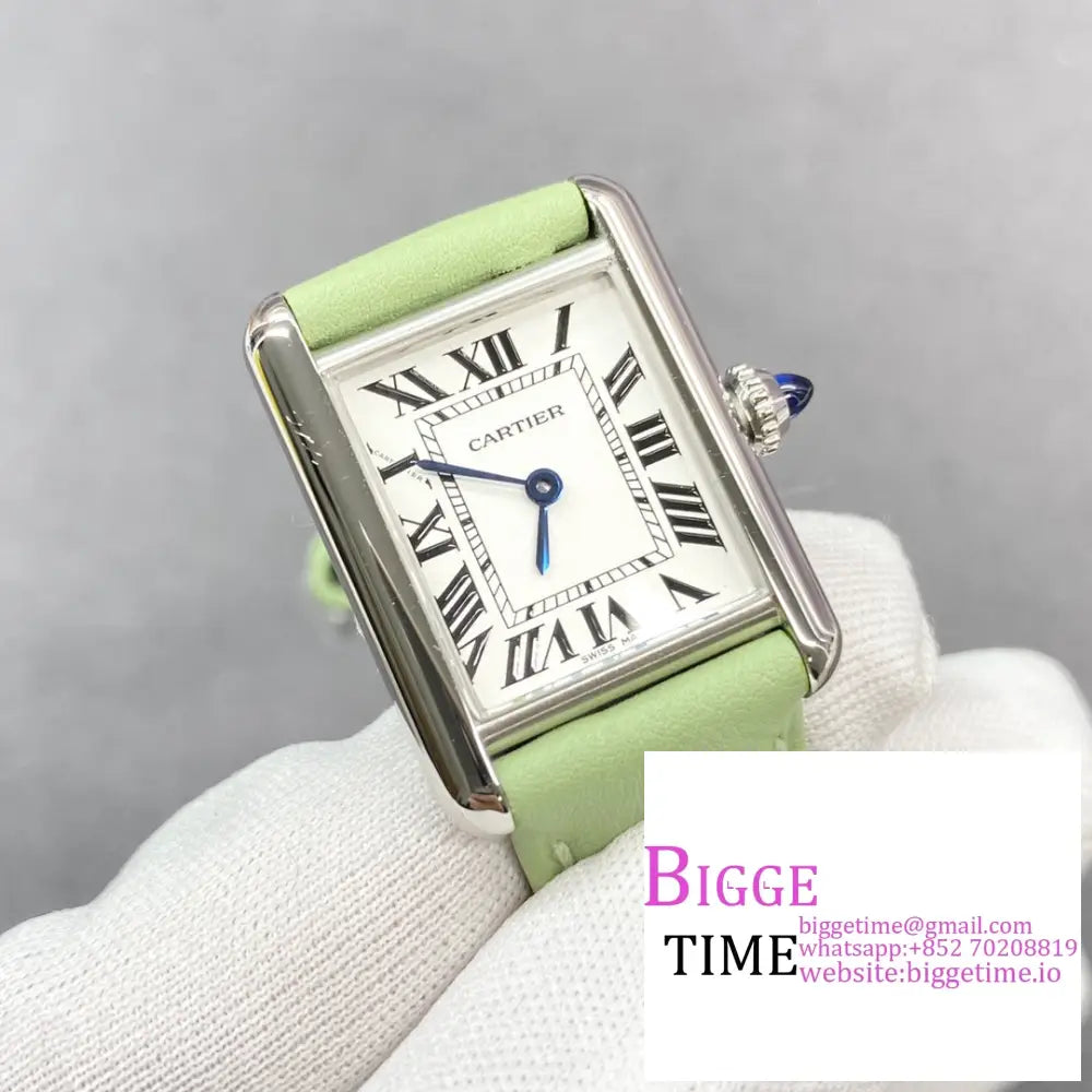 Tank Must 22Mm White Dial Green Leather Strap F1F Swiss Quartz Cartier